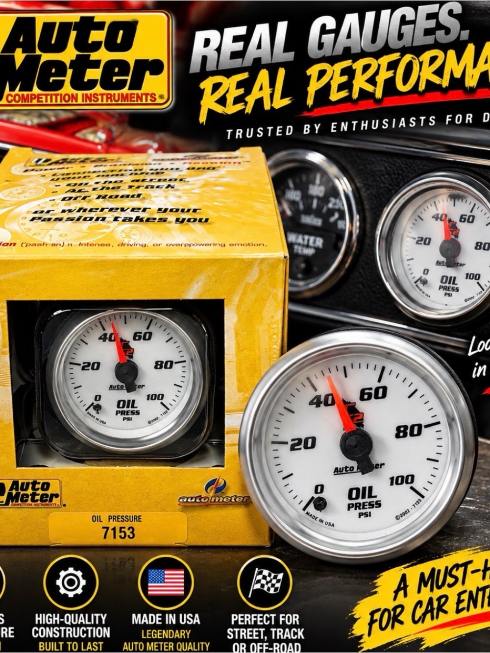 AutoMeter 7153 0-100PSI C2 Oil Pressure Gauge 2-1/16" Full Sweep